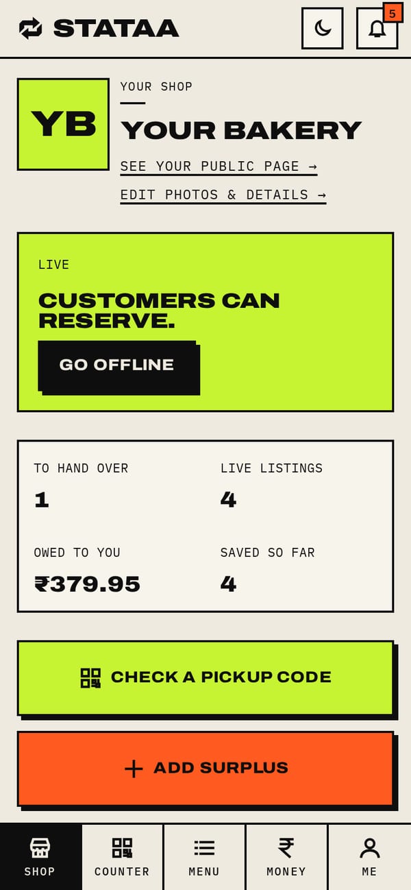 A shop's home screen in the Stataa app: live status, orders to hand over, money owed, and buttons to check a pickup code or add surplus.