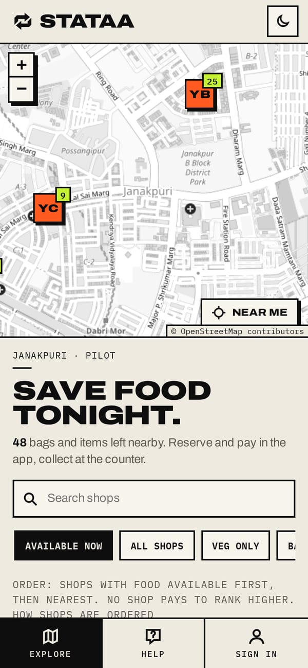 The Stataa app: a map of Janakpuri with shops that have food left, and the headline Save food tonight.