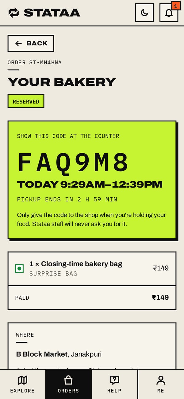 An order in the Stataa app: the pickup code FAQ9M8 to show at the counter, and the pickup window.